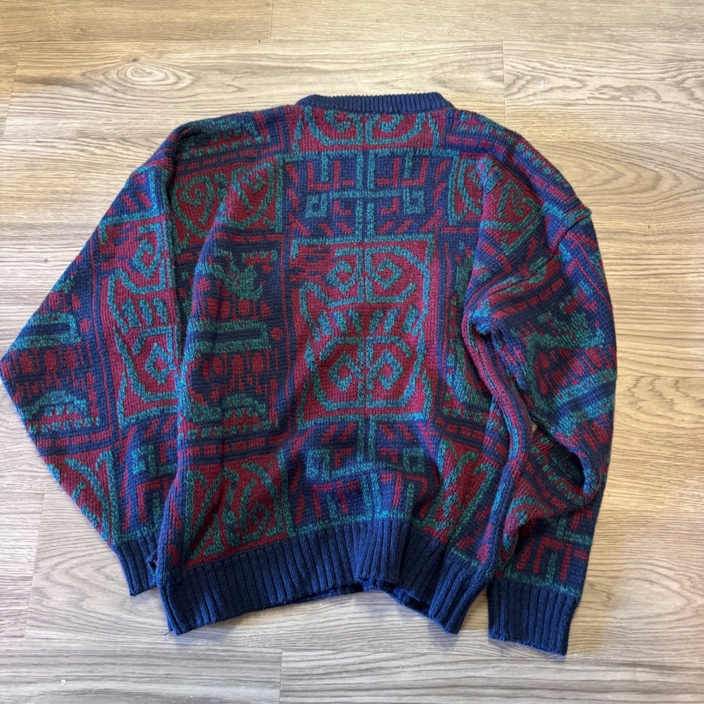 Vintage 90s Tribal Geometric Knit Sweater Navy Blue Burgundy Teal Large - Picture 6 of 6